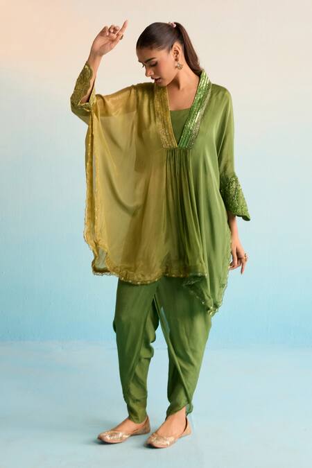 Shop House Of Armuse Green Crepe Sequins, Beads V-neck Liora Kaftan Set Online at Aza Fashions Shop_House Of Armuse_Green Crepe Sequins, Beads V-neck Liora Kaftan Set _Online_at_Aza_Fashions