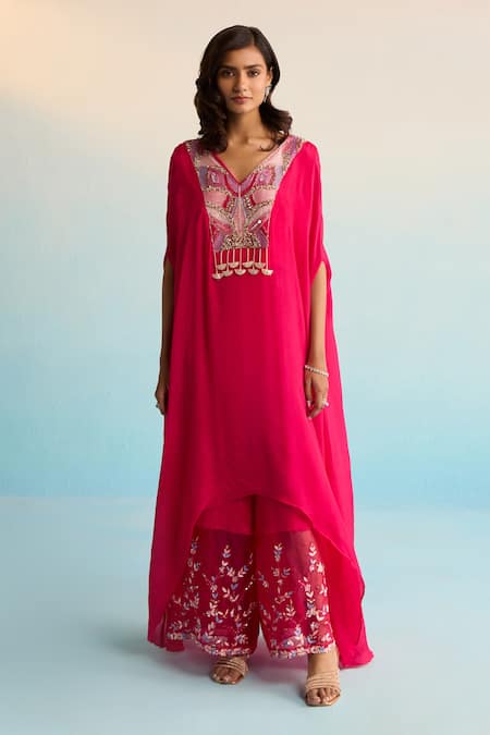 House Of Armuse_Pink Rayon Sequins, Beads, Embroidery V-neck Florin Hot Kaftan Set _Online_at_Aza_Fashions