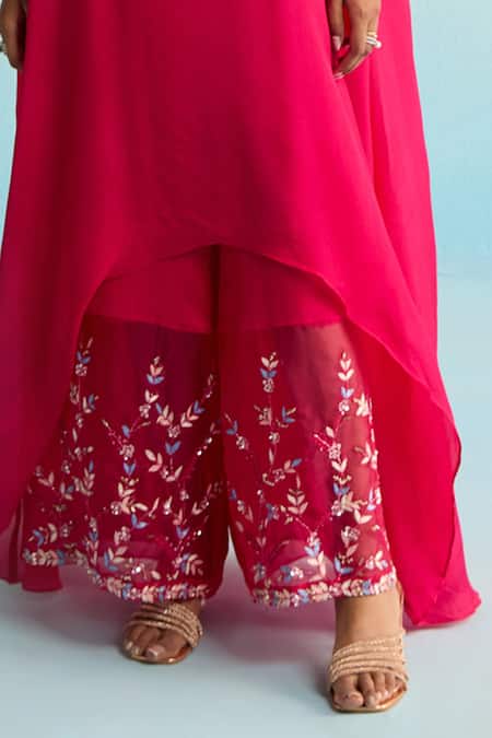 Shop_House Of Armuse_Pink Rayon Sequins, Beads, Embroidery V-neck Florin Hot Kaftan Set _Online_at_Aza_Fashions