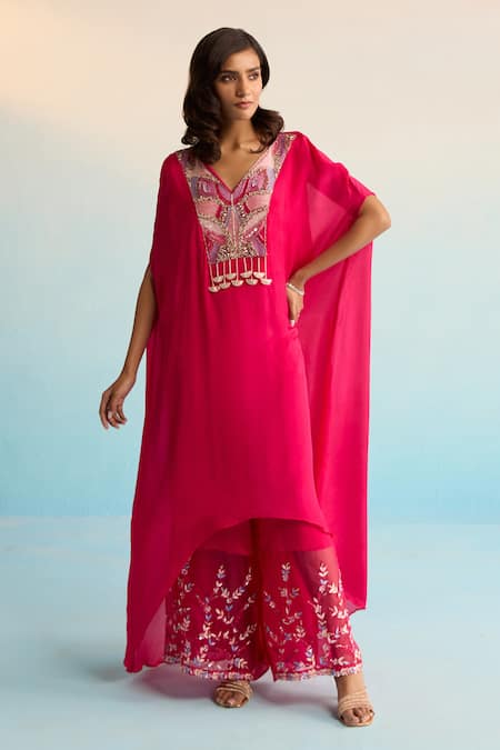 House Of Armuse_Pink Rayon Sequins, Beads, Embroidery V-neck Florin Hot Kaftan Set _at_Aza_Fashions