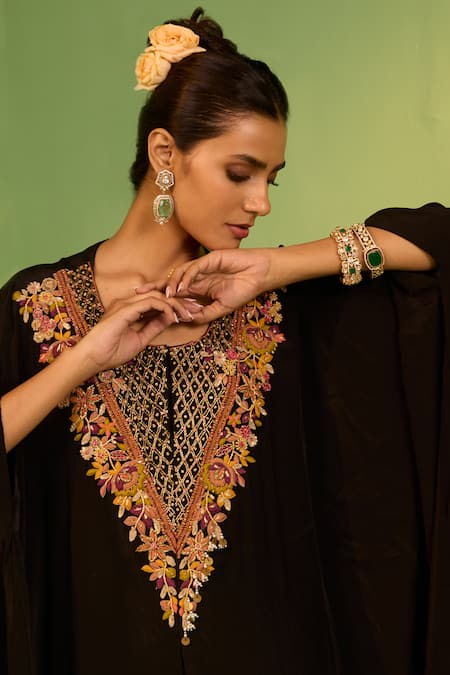 House Of Armuse_Black Crepe Sequins, Beads V-neck Mahala Kaftan Set _at_Aza_Fashions