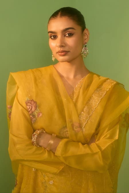 Buy_House Of Armuse_Mustard Crepe, Organza Embroidery, Zari Round Neck Althea Suit Set _Online_at_Aza_Fashions