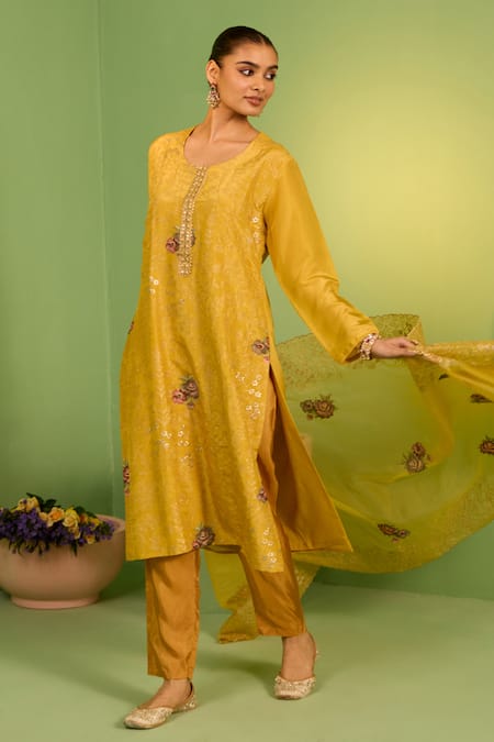Shop_House Of Armuse_Mustard Crepe, Organza Embroidery, Zari Round Neck Althea Suit Set _Online_at_Aza_Fashions
