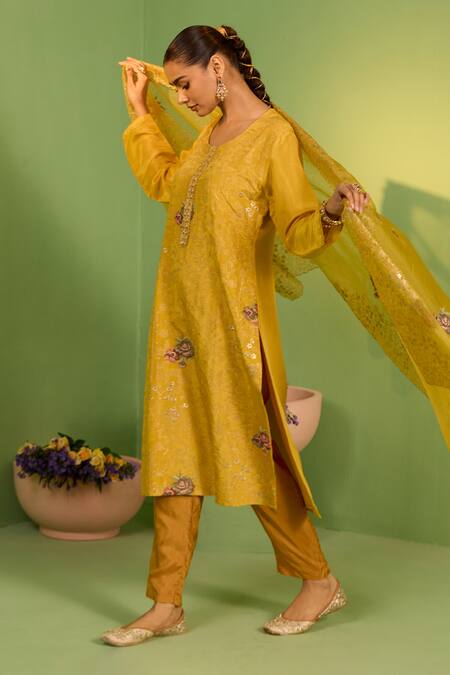 House Of Armuse_Mustard Crepe, Organza Embroidery, Zari Round Neck Althea Suit Set _at_Aza_Fashions