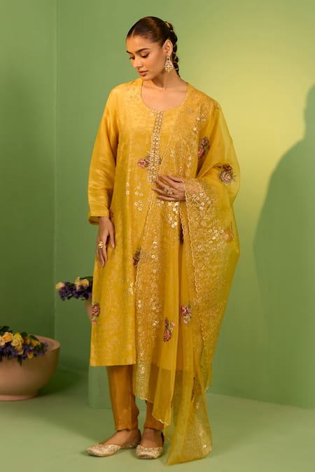 House Of Armuse Mustard Crepe, Organza Embroidery, Zari Round Neck Althea Suit Set