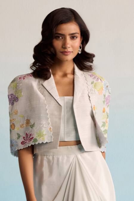 House Of Armuse_Gray Crepe Sequins, Cut Work Collared, Floral Embroidered Jacket And Skirt Set _Online_at_Aza_Fashions