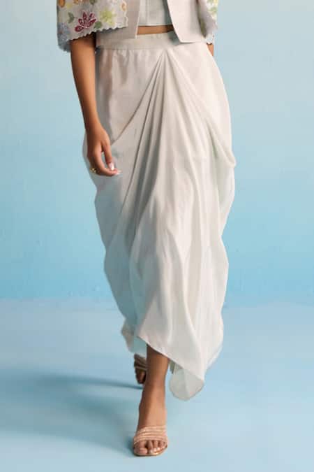 Buy_House Of Armuse_Gray Crepe Sequins, Cut Work Collared, Floral Embroidered Jacket And Skirt Set _Online_at_Aza_Fashions