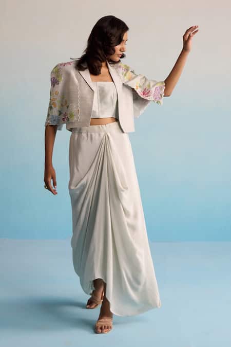 Shop_House Of Armuse_Gray Crepe Sequins, Cut Work Collared, Floral Embroidered Jacket And Skirt Set _Online_at_Aza_Fashions