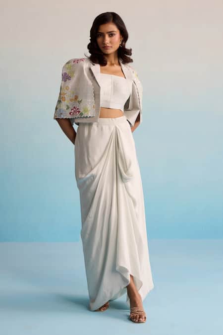 House Of Armuse_Gray Crepe Sequins, Cut Work Collared, Floral Embroidered Jacket And Skirt Set _at_Aza_Fashions