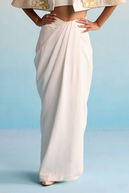 House Of Armuse_Ivory Neoprene Sequins, Cut Work Open Neck, Handpainted Skirt Set _Online_at_Aza_Fashions