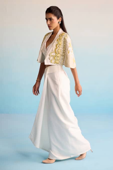 Buy_House Of Armuse_Ivory Neoprene Sequins, Cut Work Open Neck, Handpainted Skirt Set _Online_at_Aza_Fashions