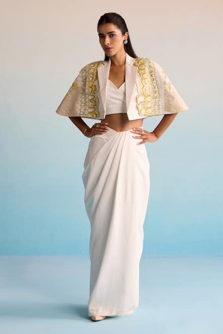 House Of Armuse Ivory Neoprene Sequins, Cut Work Open Neck, Handpainted Skirt Set