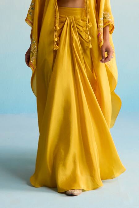 House Of Armuse_Mustard Silk Sequins, Cut Work Round Neck Yellow Meher Cape Set _Online_at_Aza_Fashions