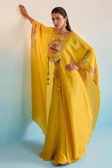 Buy_House Of Armuse_Mustard Silk Sequins, Cut Work Round Neck Yellow Meher Cape Set _Online_at_Aza_Fashions
