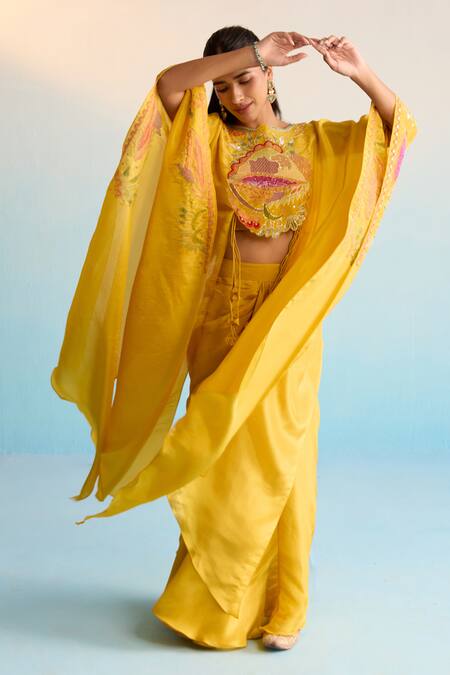 Shop_House Of Armuse_Mustard Silk Sequins, Cut Work Round Neck Yellow Meher Cape Set _Online_at_Aza_Fashions
