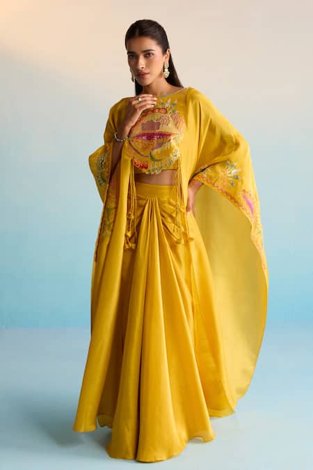 House Of Armuse Mustard Silk Sequins, Cut Work Round Neck Yellow Meher Cape Set 