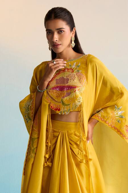 House Of Armuse_Mustard Silk Sequins, Cut Work Round Neck Yellow Meher Cape Set _at_Aza_Fashions