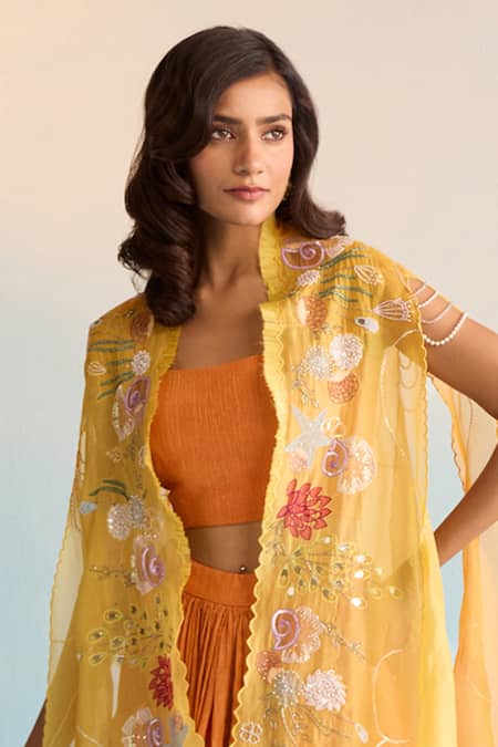 House Of Armuse_Mustard Tissue Sequins Round Neck Handpainted Cape And Skirt Set _Online_at_Aza_Fashions