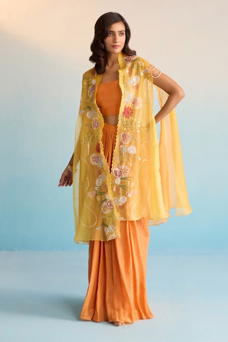 House Of Armuse Mustard Tissue Sequins Round Neck Handpainted Cape And Skirt Set