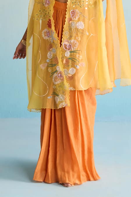 Buy_House Of Armuse_Mustard Tissue Sequins Round Neck Handpainted Cape And Skirt Set _Online_at_Aza_Fashions