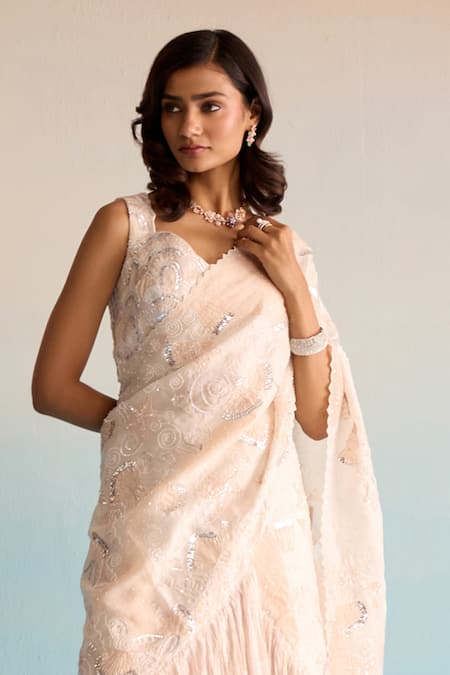 House Of Armuse_Blush Organza, Silk Sequins, Cut Work V-neck Elowen Pre-drape Saree Set _Online_at_Aza_Fashions