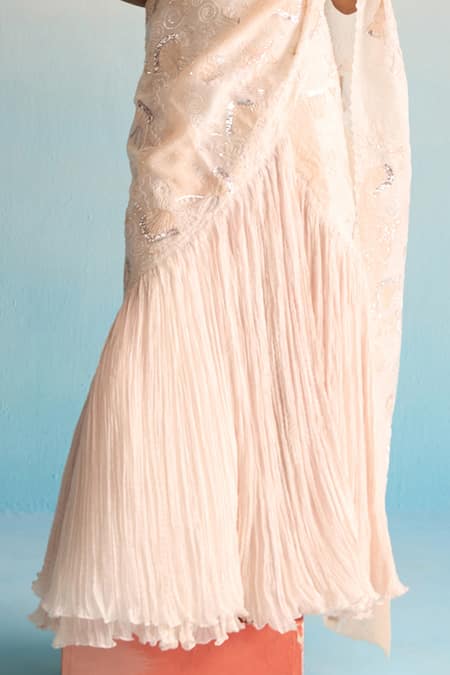 Shop_House Of Armuse_Blush Organza, Silk Sequins, Cut Work V-neck Elowen Pre-drape Saree Set _Online_at_Aza_Fashions