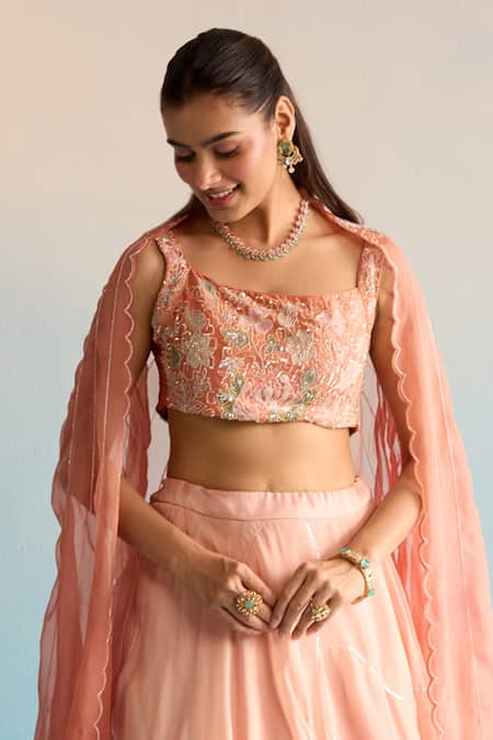 House Of Armuse_Orange Organza Sequins, Cut Work, Applique Scoop Neck Dalia Lehenga Set _Online_at_Aza_Fashions