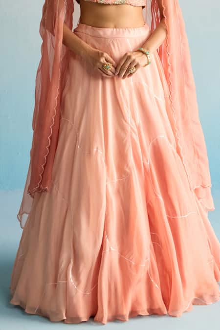 Buy_House Of Armuse_Orange Organza Sequins, Cut Work, Applique Scoop Neck Dalia Lehenga Set _Online_at_Aza_Fashions