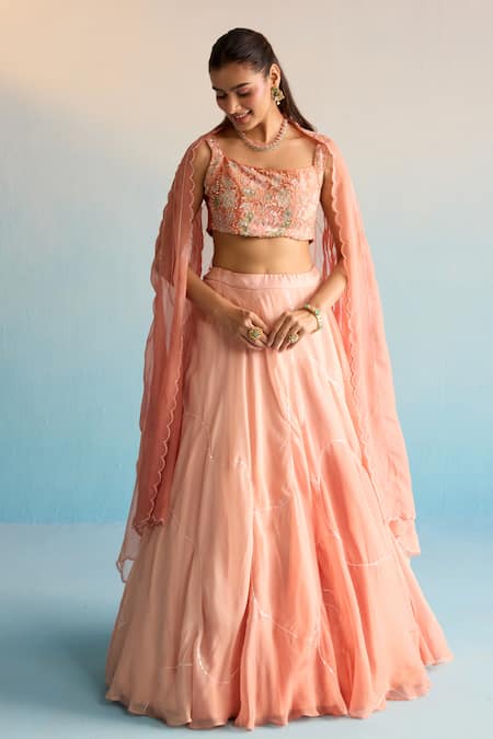 Shop_House Of Armuse_Orange Organza Sequins, Cut Work, Applique Scoop Neck Dalia Lehenga Set _Online_at_Aza_Fashions