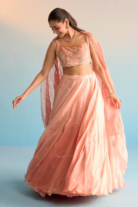 House Of Armuse_Orange Organza Sequins, Cut Work, Applique Scoop Neck Dalia Lehenga Set _at_Aza_Fashions
