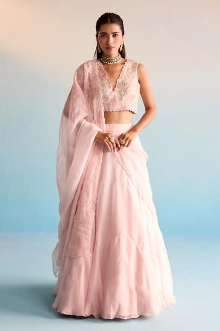House Of Armuse_Peach Organza Sequins V-neck Azra Lehenga Set _Online_at_Aza_Fashions