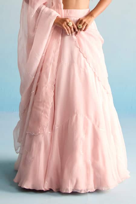 Buy_House Of Armuse_Peach Organza Sequins V-neck Azra Lehenga Set _Online_at_Aza_Fashions