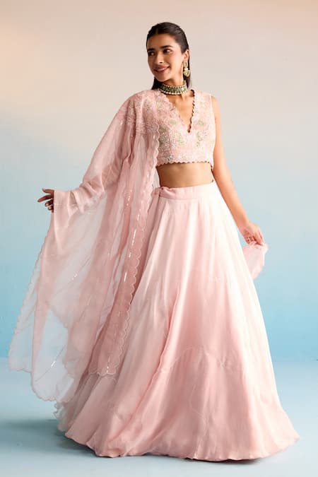 Shop_House Of Armuse_Peach Organza Sequins V-neck Azra Lehenga Set _Online_at_Aza_Fashions