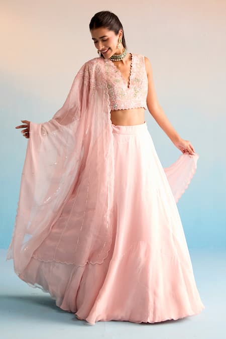 House Of Armuse_Peach Organza Sequins V-neck Azra Lehenga Set _at_Aza_Fashions