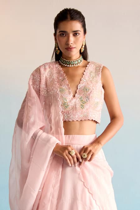 Buy_House Of Armuse_Peach Organza Sequins V-neck Azra Lehenga Set 