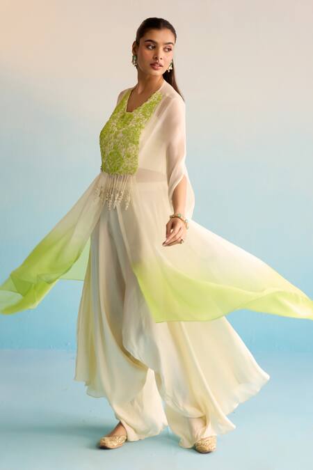 House Of Armuse_White Crepe Beads, Embroidery Round Neck Isleen Kaftan Set _Online_at_Aza_Fashions