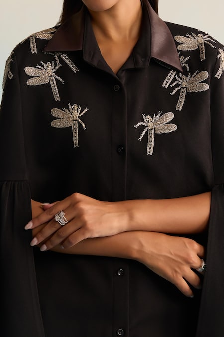 House Of Armuse_Black Twill Zari Collared Embroidered Valeska Coord Set _Online_at_Aza_Fashions