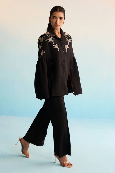 Shop_House Of Armuse_Black Twill Zari Collared Embroidered Valeska Coord Set _Online_at_Aza_Fashions