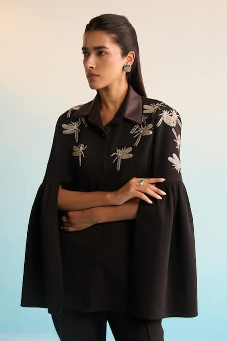 House Of Armuse_Black Twill Zari Collared Embroidered Valeska Coord Set _at_Aza_Fashions