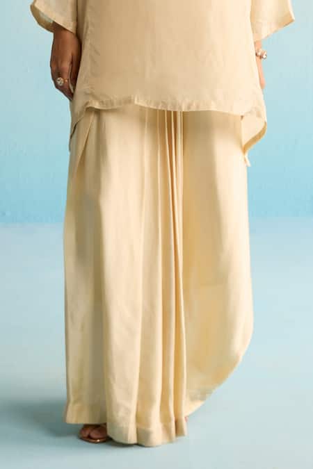 House Of Armuse_Beige Crepe Mirrors, Pearls Round Neck Work Kurta Skirt Set _Online_at_Aza_Fashions