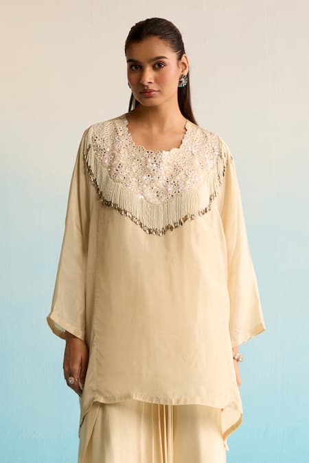 Buy_House Of Armuse_Beige Crepe Mirrors, Pearls Round Neck Work Kurta Skirt Set _Online_at_Aza_Fashions