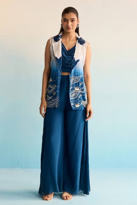 House Of Armuse_Blue Organza, Crepe Sequins, Beads Cowl , Open Camira Coord Set _Online_at_Aza_Fashions