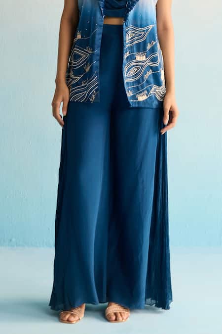 Buy_House Of Armuse_Blue Organza, Crepe Sequins, Beads Cowl , Open Camira Coord Set _Online_at_Aza_Fashions