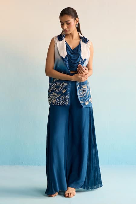 House Of Armuse Blue Organza, Crepe Sequins, Beads Cowl , Open Camira Coord Set