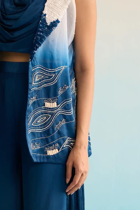 Shop_House Of Armuse_Blue Organza, Crepe Sequins, Beads Cowl , Open Camira Coord Set _Online_at_Aza_Fashions