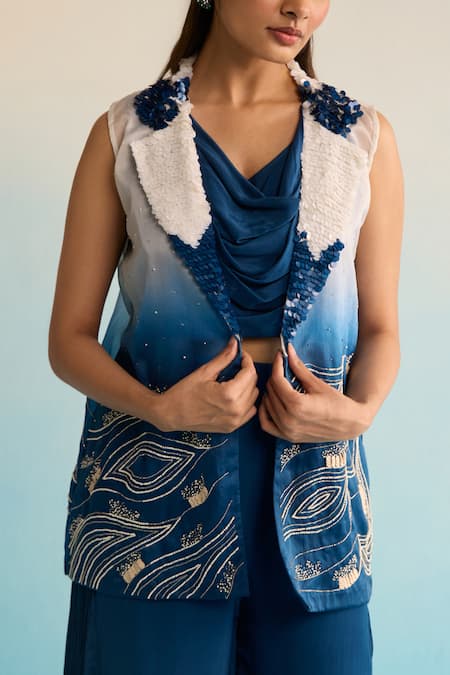 House Of Armuse_Blue Organza, Crepe Sequins, Beads Cowl , Open Camira Coord Set _at_Aza_Fashions