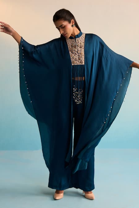 House Of Armuse_Teal Satin, Silk High Neck Kia Handpainted Kaftan Set _Online_at_Aza_Fashions