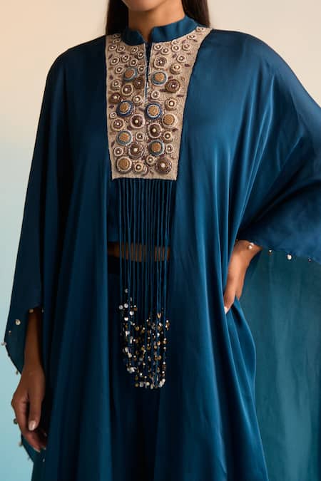 Buy_House Of Armuse_Teal Satin, Silk High Neck Kia Handpainted Kaftan Set _Online_at_Aza_Fashions