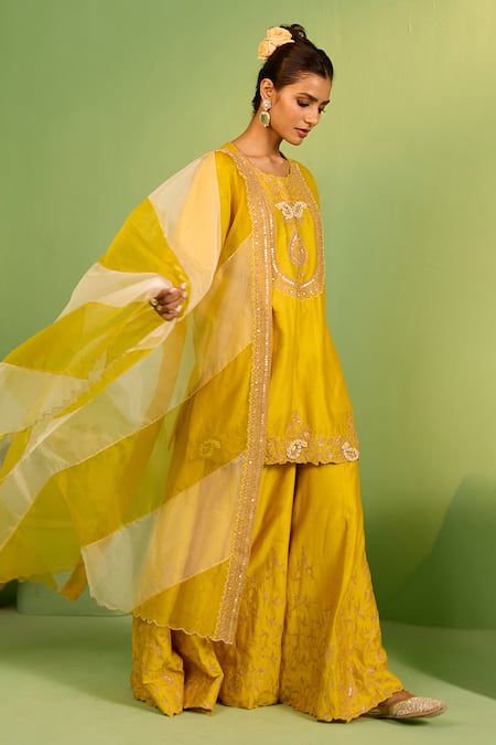 Buy_House Of Armuse_Yellow Chanderi Silk, Organza Sequins, Embroidery Round Sophia Sharara Set _Online_at_Aza_Fashions