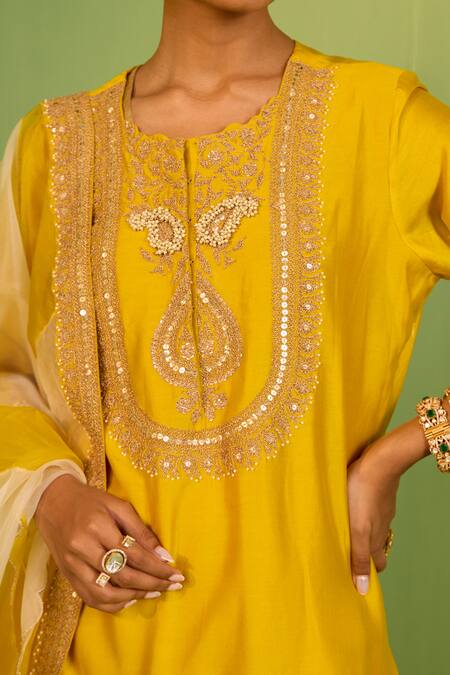 Shop_House Of Armuse_Yellow Chanderi Silk, Organza Sequins, Embroidery Round Sophia Sharara Set _Online_at_Aza_Fashions